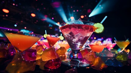 Close-up of a multicolor fruit cocktail glass surrounded by soft drinks, capturing the lively atmosphere of a night club party.