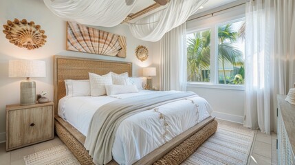 The bedroom boasts a plush ivorycolored bed with a natural rattan headboard. Seacolored throw blankets and pillows add a pop of color while a large seashell print adorns the wall above . - obrazy, fototapety, plakaty