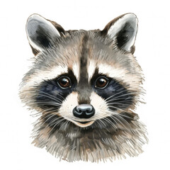 Watercolor realistic raccoon face on a white background. Print for postcard, mug, baseball cap, notepad, notebook