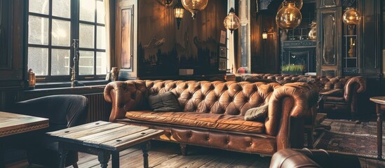 Antique interior featuring a leather couch, wooden table, and overhead lighting.