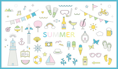 夏　イラスト　素材　線画　セット　バリエーション　サマー　あしらい　飾り　アイコン　シンプル　ポップ