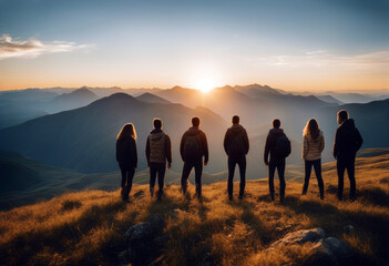 travel sunset maker journey adventure happy friends together mountain friends group extreme hiker backpack group sunrise activity success hiking mountains sunset leisure raised holida - obrazy, fototapety, plakaty