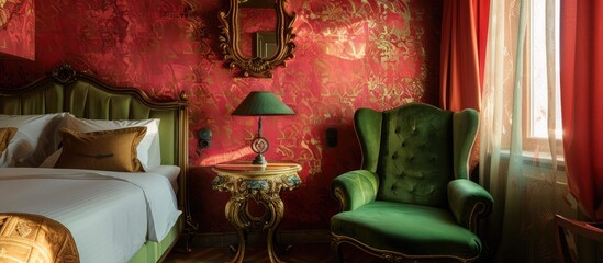 Gold table is situated amidst a green armchair and a bed in an elegant red bedroom adorned with a mirror. - obrazy, fototapety, plakaty