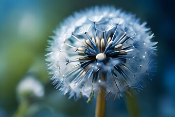 Blue abstract dandelion flower background, extreme closeup with soft focus, beautiful nature details Generative AI