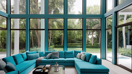 Bright minimalist sunroom in a Miami beach house, featuring floor-to-ceiling windows and a vibrant turquoise palette, illuminated by clear daylight.
