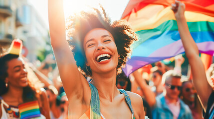 Happy smiling of young trendy beautiful black ethnic female teen face raise hand up with rainbow LGBTQ flag in pride month festival. Pride day, celebration carnival parade, lesbian free women concept.