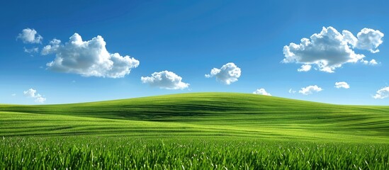 Obraz premium A green field beneath a blue sky dotted with clouds.