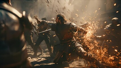 Warrior knight takes part in an epic battle. Fantasy medieval background. The concept of medieval history, life and culture. Ai-generated. - Powered by Adobe