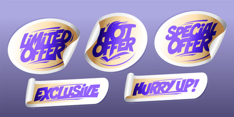Limited offer, hot and special offer, exclusive, hurry up offer, stickers set