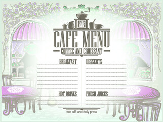 Cafe menu blank template with street cafe graphic illustration