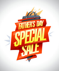 Father's Day special sale poster with red ribbons, golden lettering and shopping bag