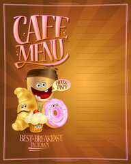 Cafe menu sign board design mockup with empty space for text and food cartoon personages - 788925781