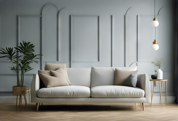 background wall 3d mockup minimalist interior Scandinavian render room home modern armchair design living white floor decoration style wooden decor