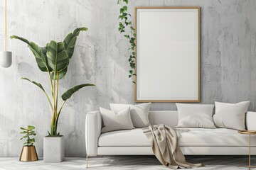 Scandinavian style living room with poster mockup created with generative ai