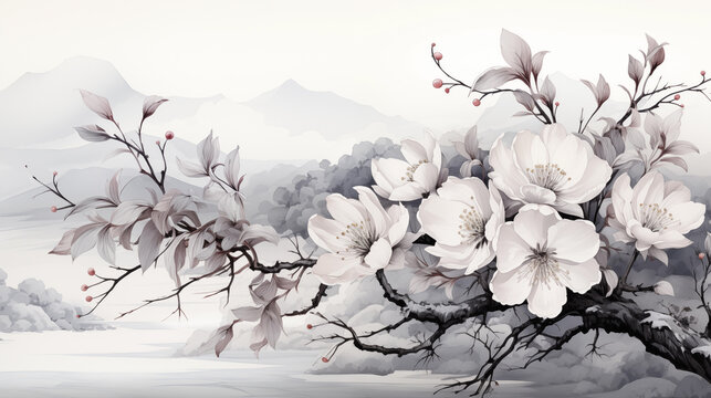 Blooming cherry blossom branches against a serene landscape backdrop.