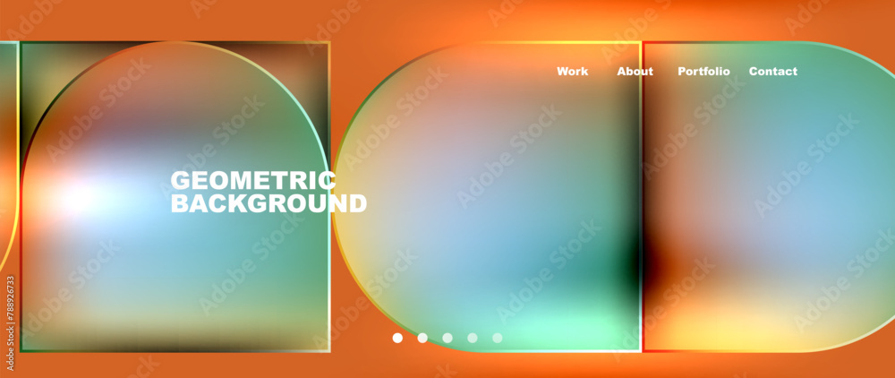 Poster a fluid geometric background with circles and squares in liquid amber and electric blue tints on an 