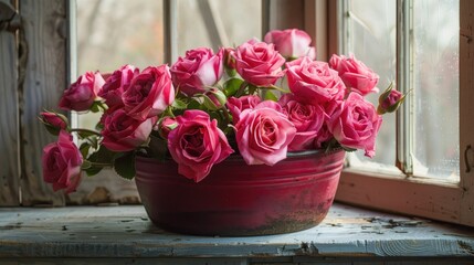 A stunning arrangement of vibrant pink roses sits elegantly in a crimson cast iron pan against a rustic gray stone backdrop bathed in natural light near the window The space is perfect for 