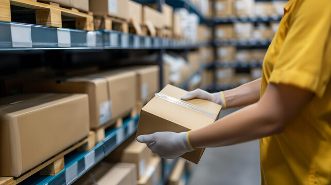 A worker in a warehouse sorts boxes with parcels and puts them on shelves for logistic centre