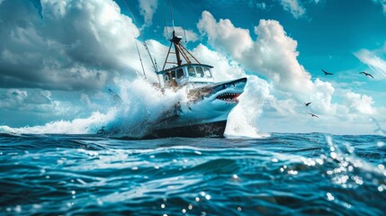 Blank mockup of a fishing boat with a decal of a fierce shark breaking through the waters surface. .
