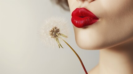 Beauty woman with red lipstick on her lips blows on a dandelion on empty background