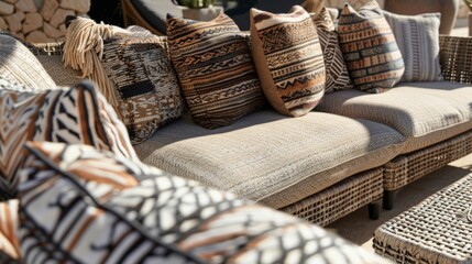 The furniture is made from natural materials such as woven wicker and rattan giving the space a laidback and casual feel. The cushions are covered in earthycolored fabrics with subtle .