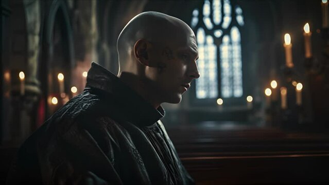 Monk over medieval background. The concept of medieval history, life and culture. Ai-generated.