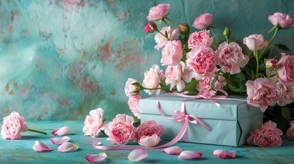 Illustrating a captivating design concept for Valentine s Day and Mother s Day gift shopping the backdrop features a delightful arrangement of pink roses carnations and a beautifully wrappe