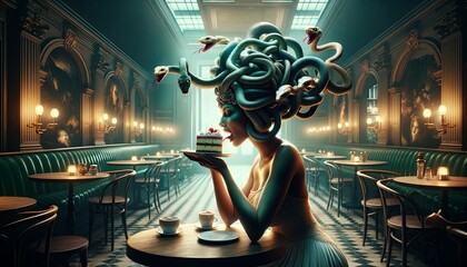 Medusa eating a piece of cake in a fancy restaurant - obrazy, fototapety, plakaty