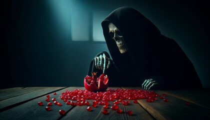 A skeleton in a black robe is sitting at a table. He is holding a pomegranate in his hands. The pomegranate is open and there are red seeds spilling out of it. The skeleton is looking at the seeds wit - obrazy, fototapety, plakaty