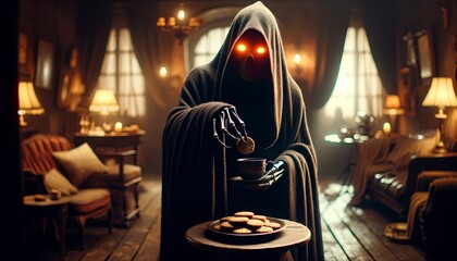 A dark figure in a black cloak with glowing red eyes is drinking tea and eating cookies in a dimly lit room. - obrazy, fototapety, plakaty