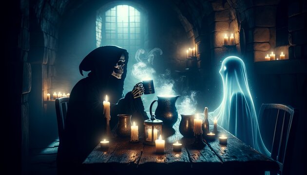 A skeleton and a ghost are sitting at a table, drinking and talking.