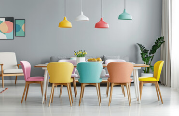 Bright pastel colors, dining room with sofa and chairs in the background, light gray floor, wooden table and colorful chairs