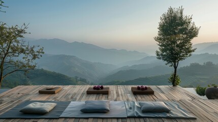 An openair yoga platform overlooking a breathtaking valley where you can stretch and meditate before surrendering to a deep sleep in the fresh mountain air. 2d flat cartoon.