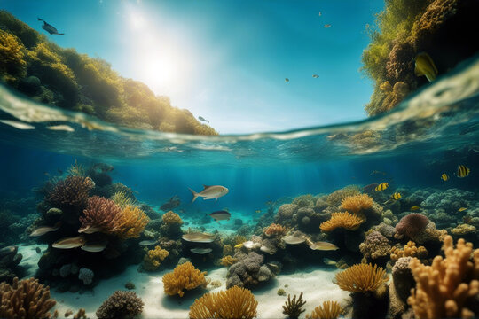 world Underwater panorama fish clownfish exotic coral depth indian animal egypt travel striped red aquarium bright water background school clean banner