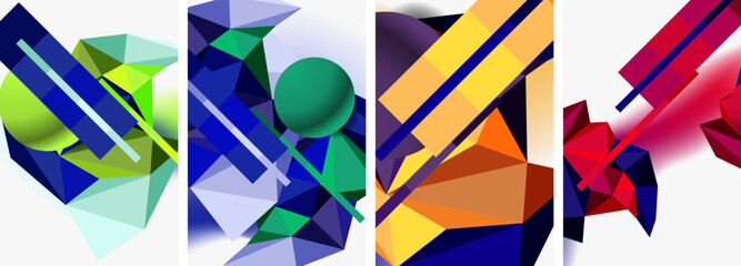 An artistic product featuring a collage of colorful geometric shapes like rectangles, triangles, and balls on a white background, showcasing symmetry and patterns in shades of electric blue