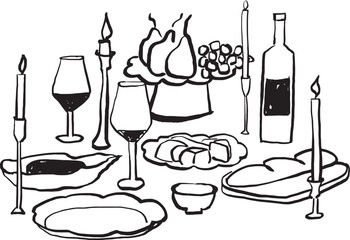 Ilustración vectorial de mesa de cena con velas, vino, fruta y platos. Dibujo a mano de cena. Ilustración minimalista. Ilustración para invitaciones, papelería, imprimibles, redes sociales