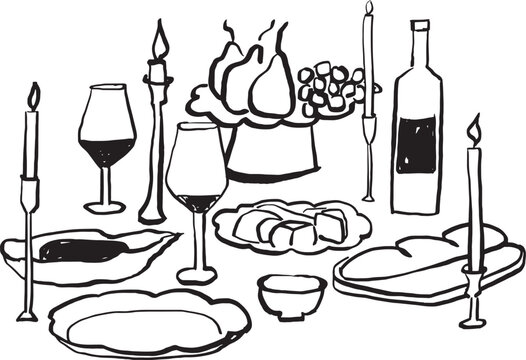 Ilustraci&oacute;n vectorial de mesa de cena con velas, vino, fruta y platos. Dibujo a mano de cena. Ilustraci&oacute;n minimalista. Ilustraci&oacute;n para invitaciones, papeler&iacute;a, imprimibles, redes sociales