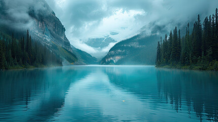 A serene mountain lake with turquoise waters reflecting the clear blue sky. Created with Ai - obrazy, fototapety, plakaty