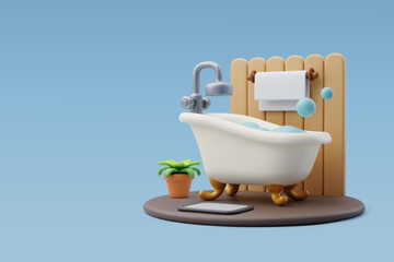 3d Vector Bathtub with soap bubbles, Furniture and hotel booking concept.