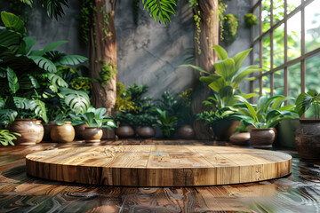  A round wooden podium in the center of an outdoor scene surrounded by lush greenery and sunlight filtering through trees, creating a serene atmosphere for product display or presentation. Created wit