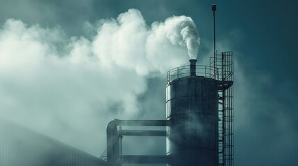 Explosions of steam from tall cylindrical tanks indicate the high heat and pressure used to produce sulfuric acid as a safety measure.