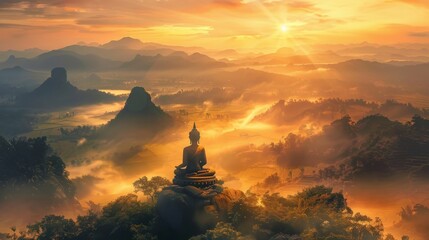 Sunrise over Buddha Statue and Misty Fields