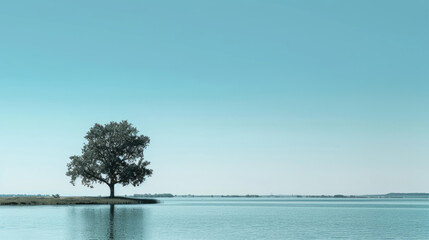Illustration of a serene lake with a single tree on the shore under a clear blue sky, in a minimalist style