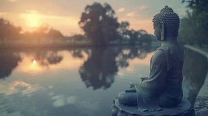 Buddha Statue at Lakeside Sunset
