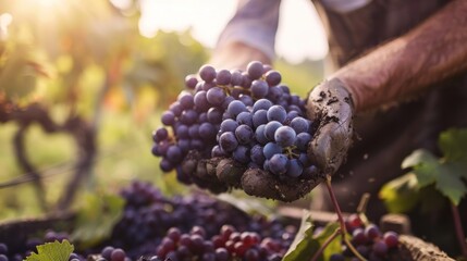 Vineyard. Farmers harvest organic purple grapes. freshly harvested grapes