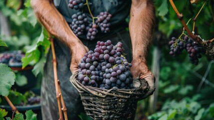 Vineyard. Farmers harvest organic purple grapes. freshly harvested grapes