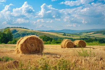 Hay bales in beautiful countryside farm land in sunny day.