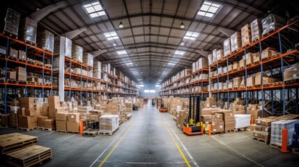 Fototapeta premium A Warehouse with rows of shelves and boxes. Logistics. Inventory control.