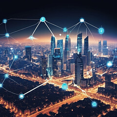 Modern cityscape and communication network concept. Telecommunication. IoT (Internet of Things)....