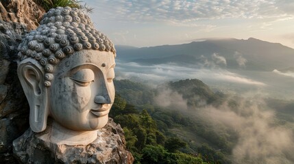Carved Buddha Head on Misty Mountain